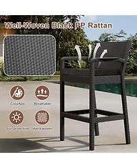 gaomon Set of 4 Wicker Bar Stools, 30 Inch Outdoor Counter Height with Thickened Cushions, Backrest and Footrest