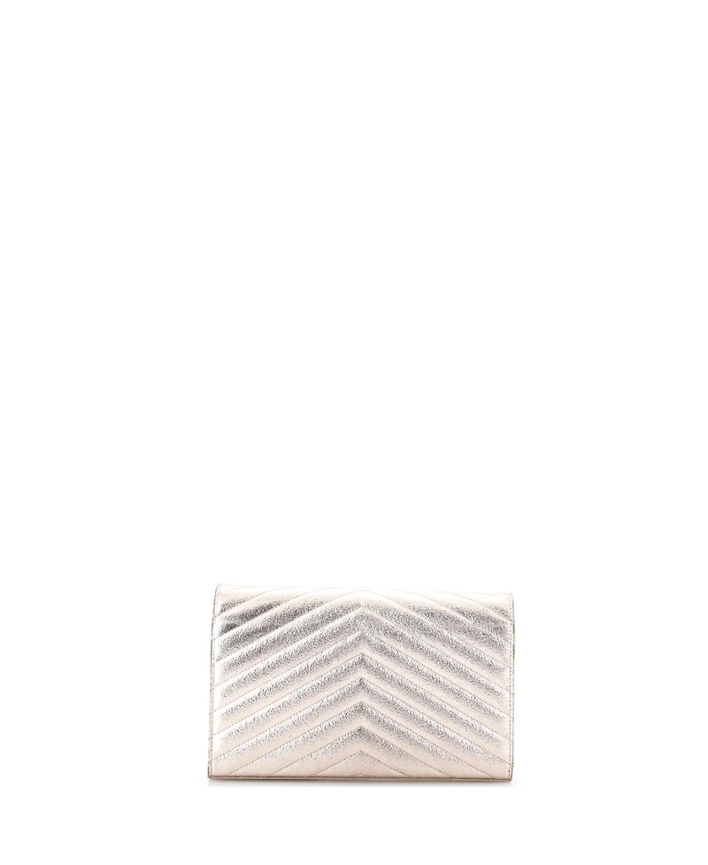 Pre-Owned Saint Laurent Medium Classic Monogram Wallet on Chain Matelasse Chevron Metallic Leather