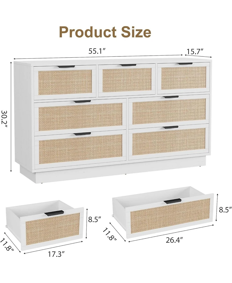 gaomon Farmhouse Rattan Tv Stand for Living Room, Entertainment Center with 7 Storage Drawer and Metal Handle