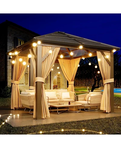 gaomon Hardtop Gazebo, Outdoor Polycarbonate Double Roof Canopy, Aluminum Frame Permanent Pavilion with Curtains and Netting, Sunshade for Garden