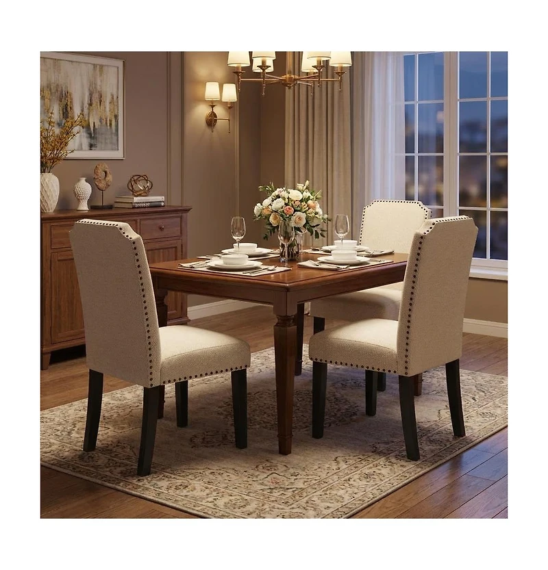 gaomon Cotton Linen Dining Chair, Wood Legs with Trim, Padded High Back Upholstered for Kitchen or Restaurant
