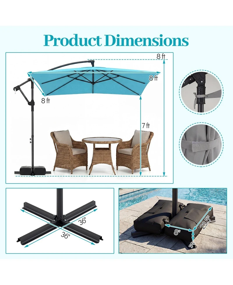 Sugift 8 x 8 ft Square Offset Cantilever Patio Umbrella with 360 Rotation and Crank Lift