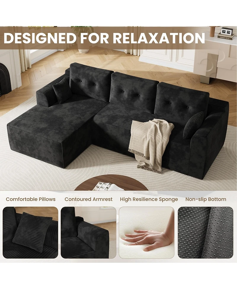 homfan 105" L-Shaped Cloud Sectional Sofa with Deep Seats, Corduroy Upholstery and Chaise, No Assembly Required, for Living Room