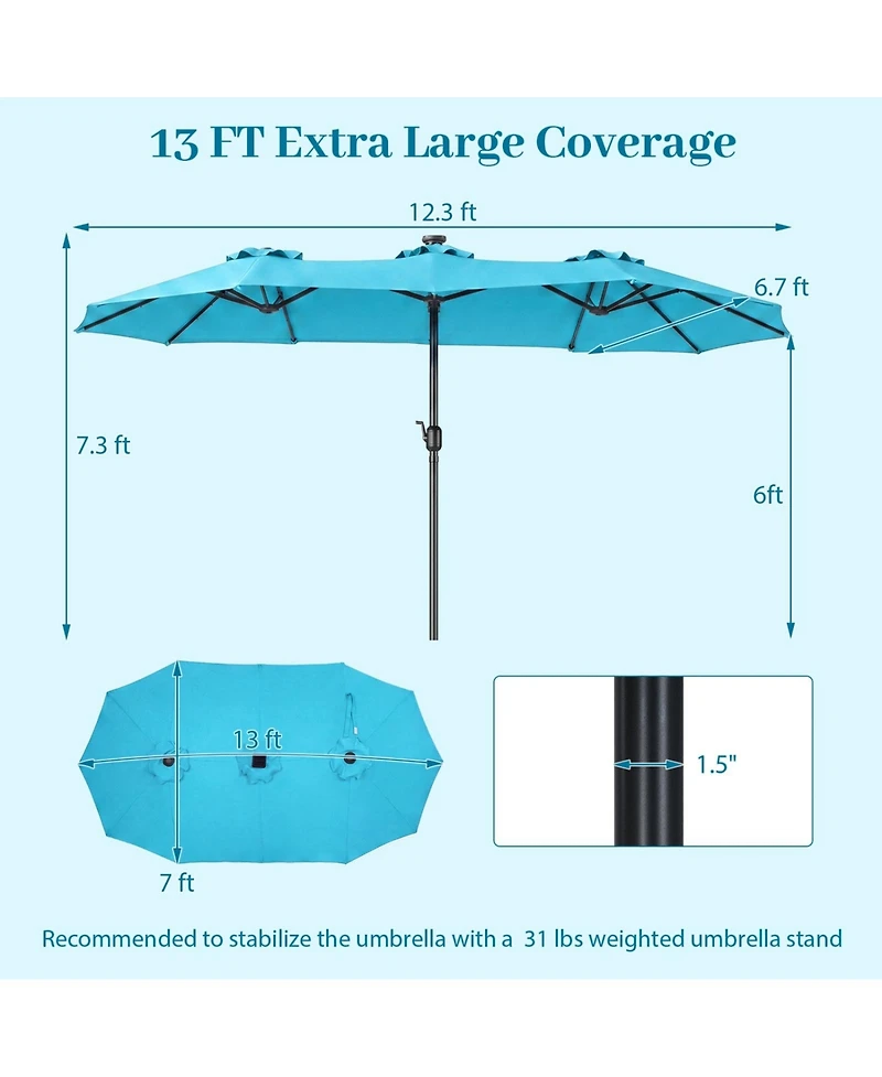 Sugift 13 ft Double-Sided Rectangular Patio Market Umbrella with 36 Solar Led Lights