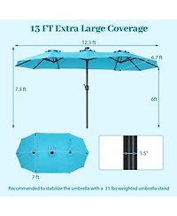 Sugift 13 ft Double-Sided Rectangular Patio Market Umbrella with 36 Solar Led Lights