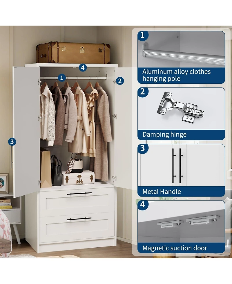 homfan Wooden Wardrobe Armoire with Drawers and Hanging Rod, Adjustable Shelf, Modern Closet Storage Cabinet for Bedroom, Dorm, Apartment