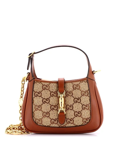 Pre-Owned Gucci Mini Jackie 1961 Chain Hobo Crystal Embellished Gg Canvas