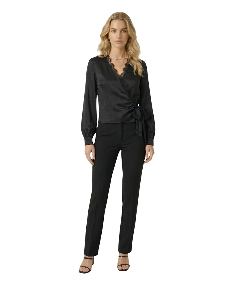 Modenaire Women's Lace-Trim V-Neck Wrap Tie-Detail Top