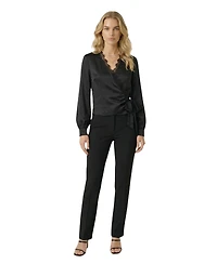 Modenaire Women's Lace-Trim V-Neck Wrap Tie-Detail Top