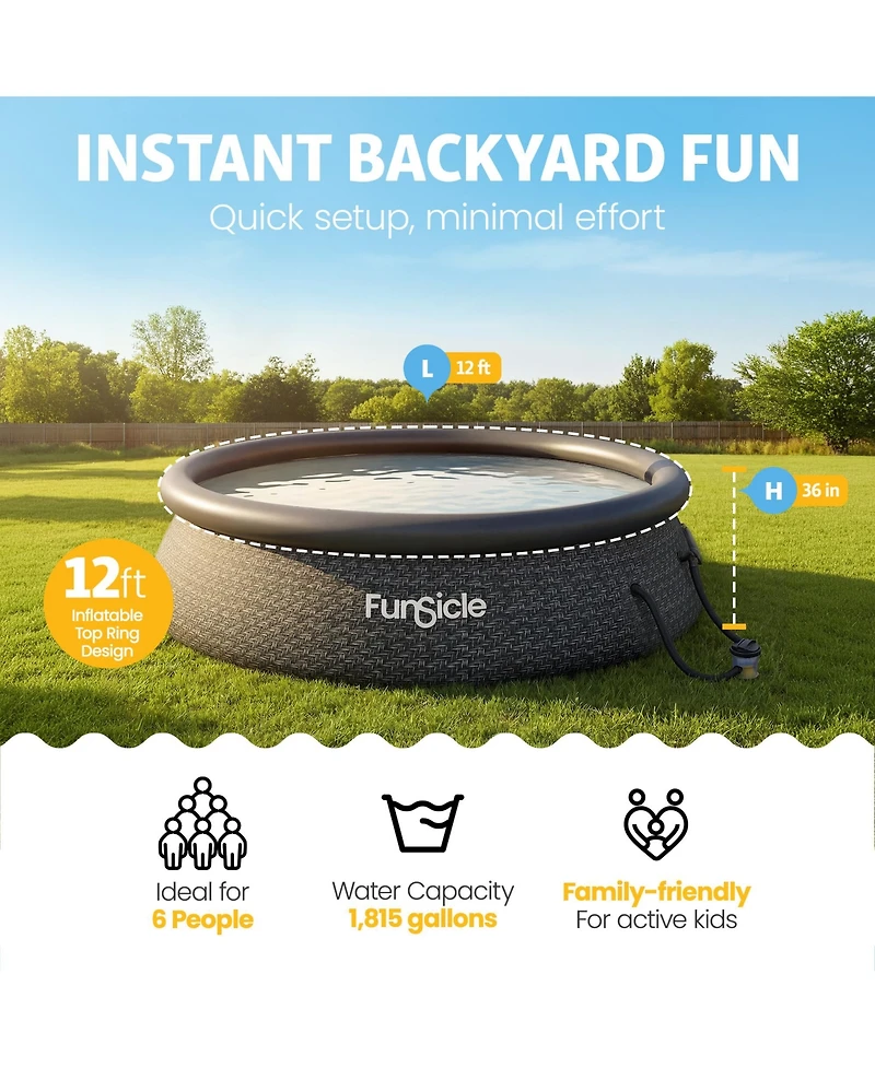 Funsicle 12' x 36" QuickSet Inflatable Ring Top Outdoor Above Ground Pool w/Pump