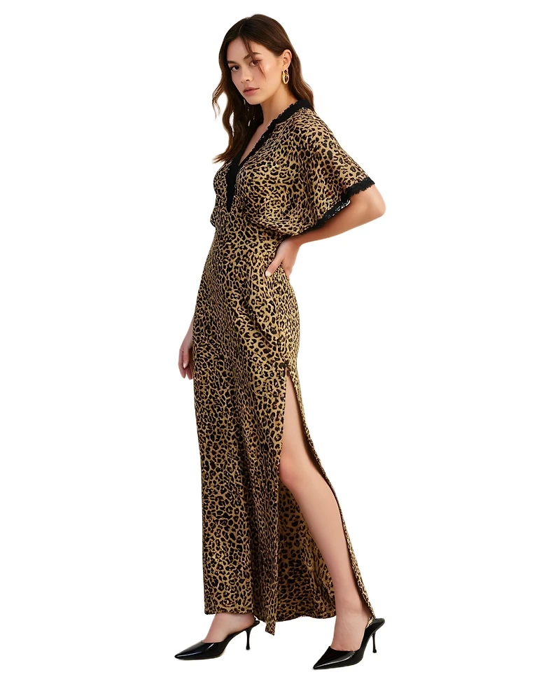 Modenaire Women's Leopard Print Lace-Trim Plunging V-Neck Maxi Dress