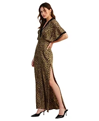 Modenaire Women's Leopard Print Lace-Trim Plunging V-Neck Maxi Dress