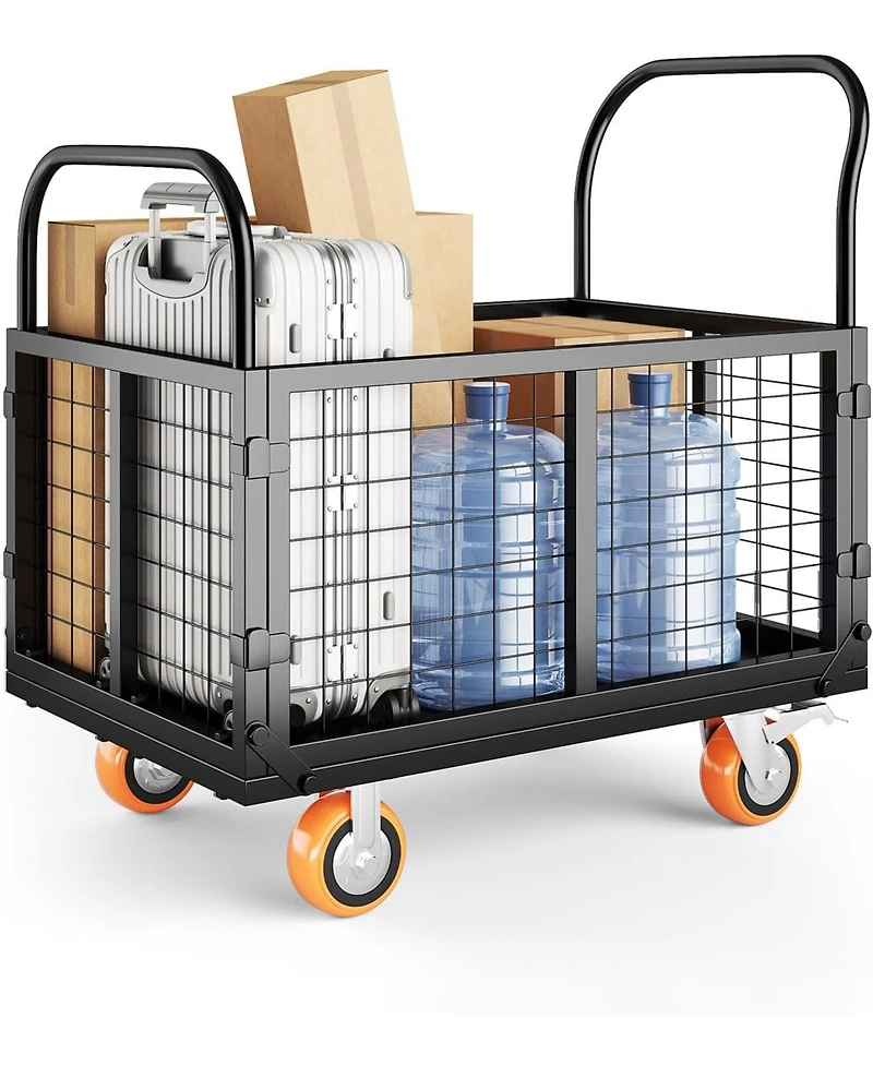 gaomon Platform Truck Cart with Cage 6-in-1 Foldable Hand Truck Heavy-Duty Dolly with 4 Wheels for Grocery Laundry and Warehouse