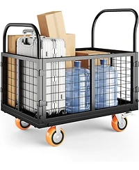 gaomon Platform Truck Cart with Cage 6-in-1 Foldable Hand Truck Heavy-Duty Dolly with 4 Wheels for Grocery Laundry and Warehouse