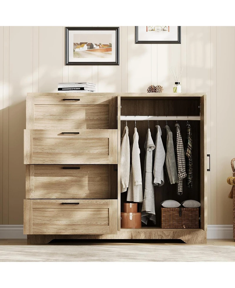 gaomon 43.3" H Armoire Wardrobe Closet with 4 Drawers and 2 Doors, Hanging Rod