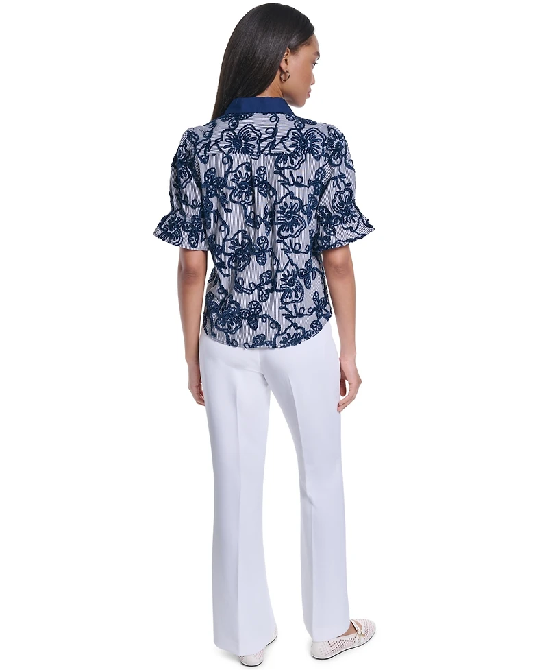 Karl Lagerfeld Paris Women's Velvet Embroidery Button-Front Blouse