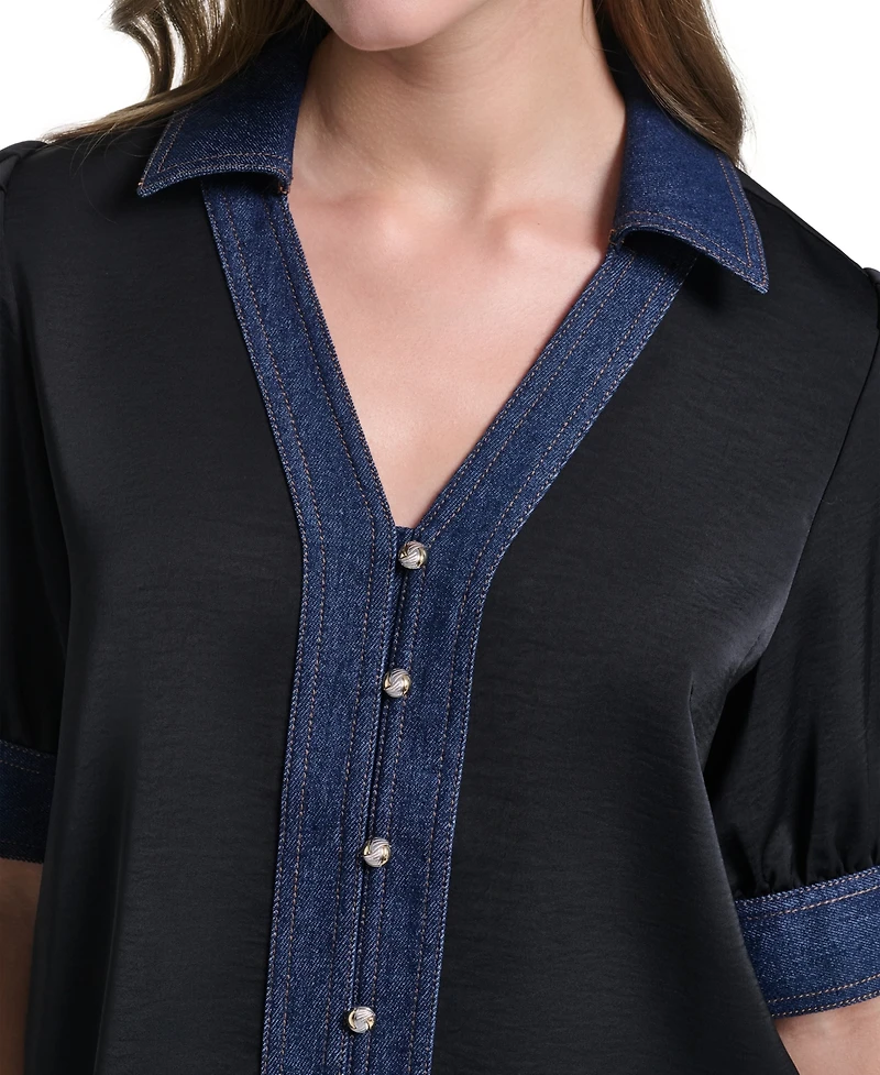 Karl Lagerfeld Paris Women's Denim Collar Button-Front Blouse