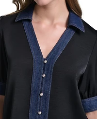 Karl Lagerfeld Paris Women's Denim Collar Button-Front Blouse