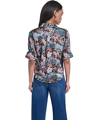 Karl Lagerfeld Paris Women's Floral Brocade Print 3/4-Sleeve Button-Up Blouse