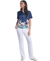 Karl Lagerfeld Paris Women's Striped Floral Printed Button-Up Blouse