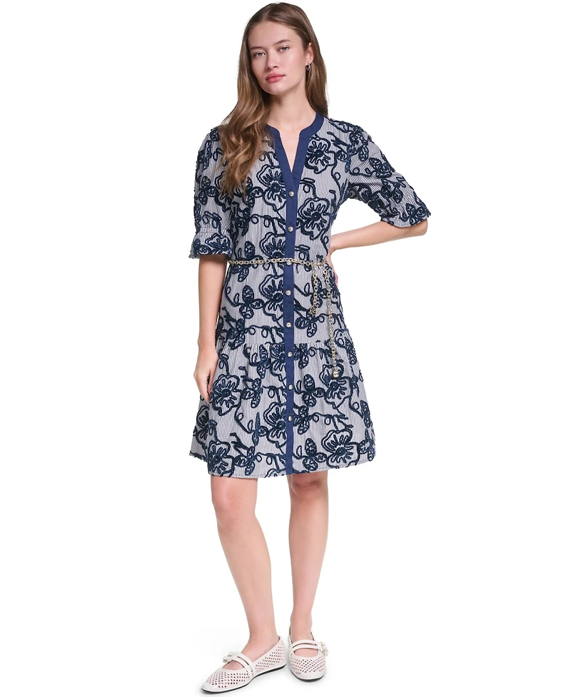 Karl Lagerfeld Paris Women's Velvet Embroidery 3/4-Sleeve Chain Belt Dress