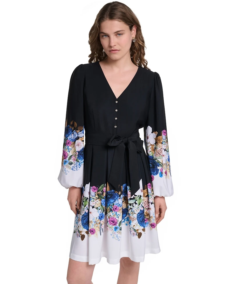 Karl Lagerfeld Paris Women's Floral Long-Sleeve Self-Tie Button-Front Dress