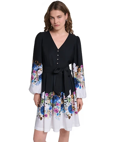 Karl Lagerfeld Paris Women's Floral Long-Sleeve Self-Tie Button-Front Dress