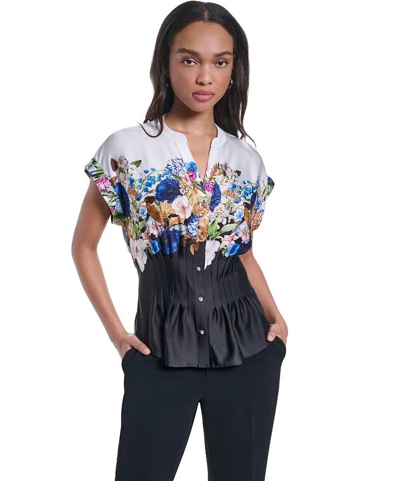 Karl Lagerfeld Paris Women's Floral Pleated Button-Front Blouse