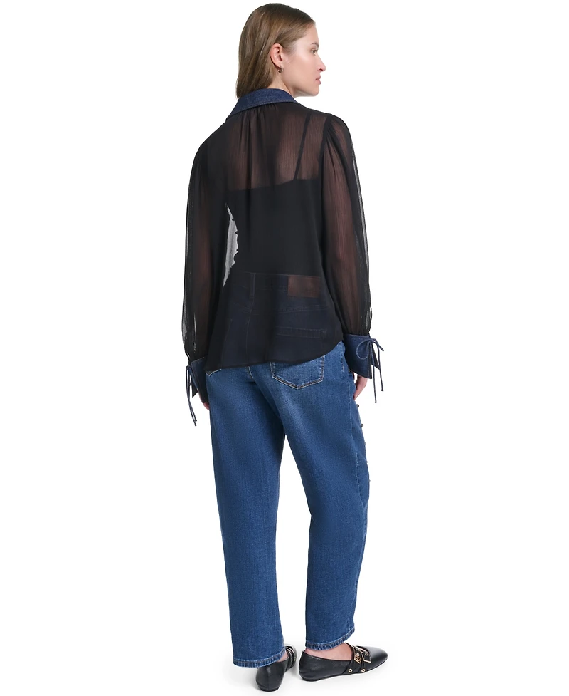 Karl Lagerfeld Paris Women's Denim Collar and Cuff Crinkle Chiffon Button-Up Top