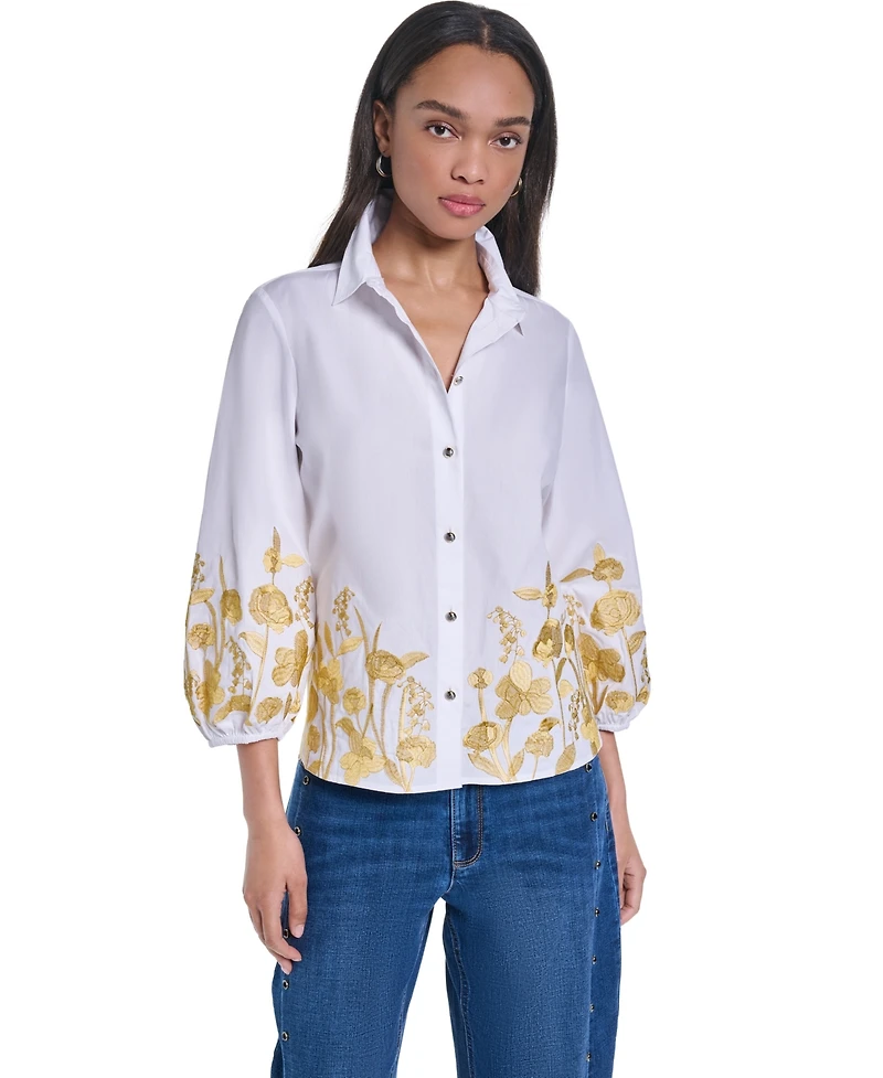 Karl Lagerfeld Paris Women's Gold-Tone Embroidery Puff Sleeve Button-Front Blouse