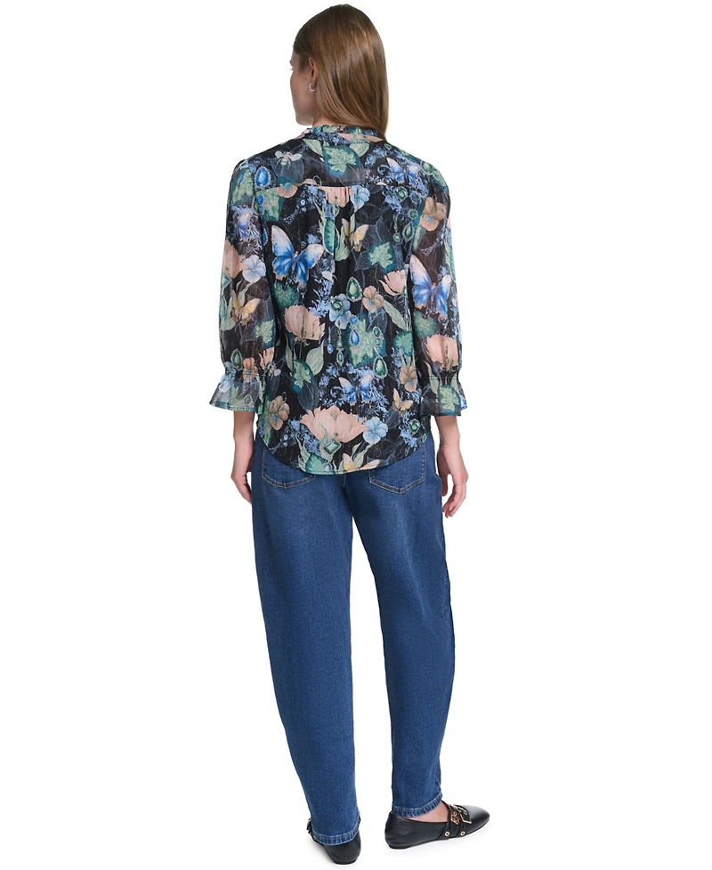 Karl Lagerfeld Paris Women's Ruffle Collar Printed Chiffon Button-Up Blouse