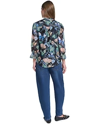 Karl Lagerfeld Paris Women's Ruffle Collar Printed Chiffon Button-Up Blouse