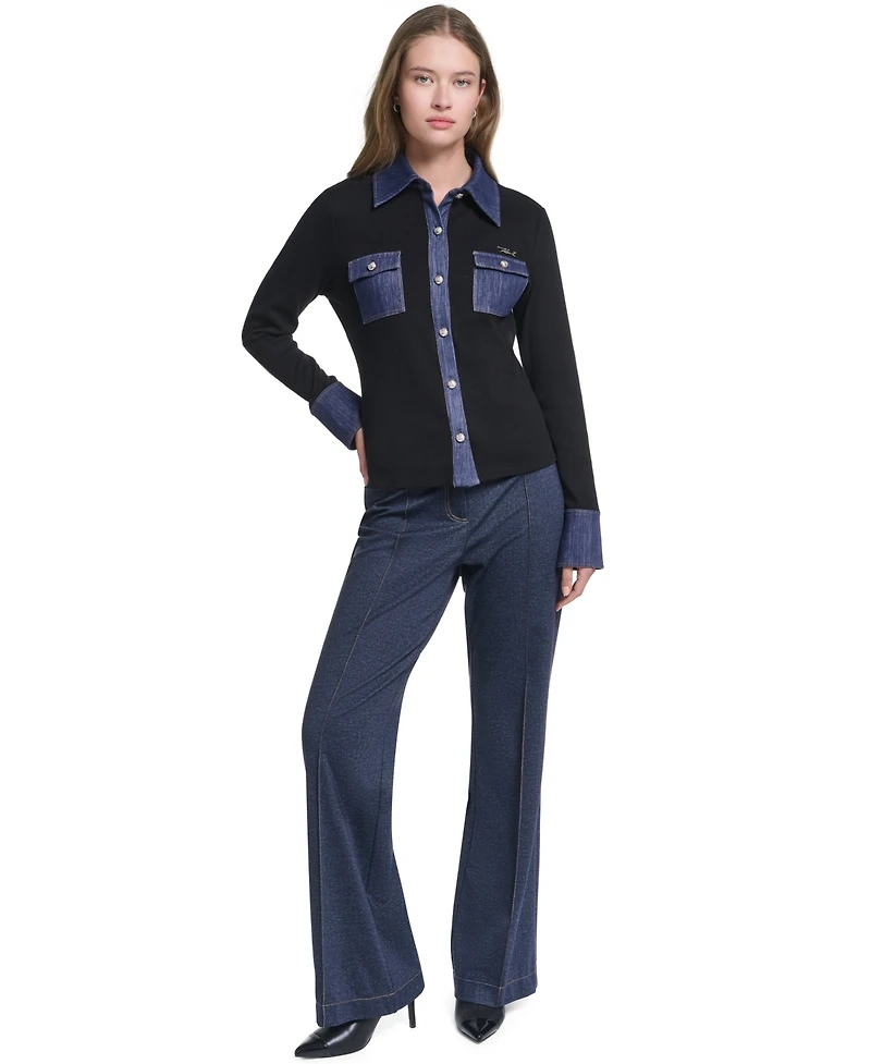Karl Lagerfeld Paris Women's Denim Collar and Cuffs Knit Button-Up Sweater