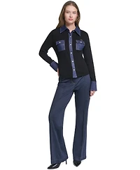 Karl Lagerfeld Paris Women's Denim Collar and Cuffs Knit Button-Up Sweater