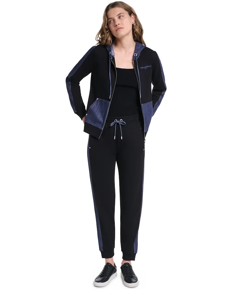 Karl Lagerfeld Paris Women's Zip-Up Denim-Contrast Hooded Jacket