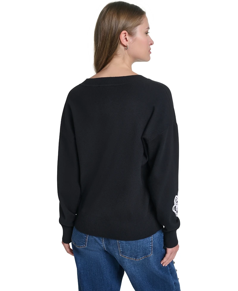 Karl Lagerfeld Paris Women's Floral Embroidery V-Neck Sweater