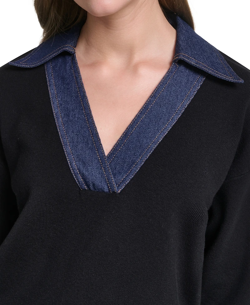 Karl Lagerfeld Paris Women's Denim Collar V-Neck Sweater
