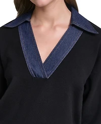 Karl Lagerfeld Paris Women's Denim Collar V-Neck Sweater