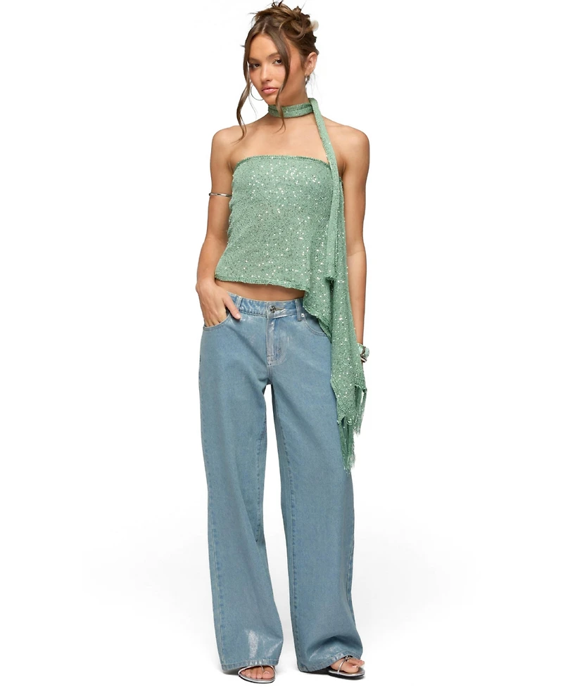 Edikted Women's Two-Piece Sequin Knit Scarf Top