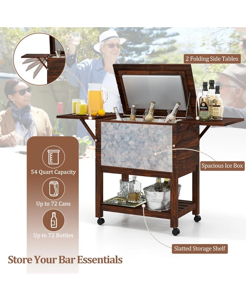 Sugift 54 Quart Wooden Patio Cooler Cart Rolling Ice Chest with Folding Side Shelves