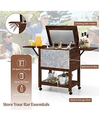 Sugift 54 Quart Wooden Patio Cooler Cart Rolling Ice Chest with Folding Side Shelves
