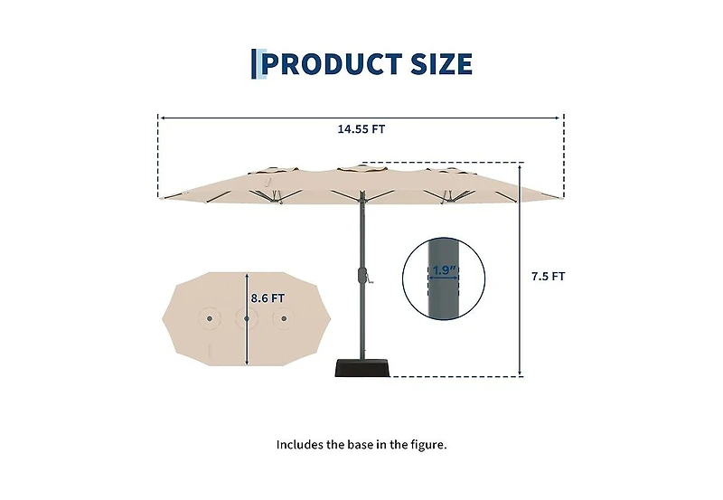 homfan 9'x15' Outdoor Umbrella with Base, Extra Wide Patio Umbrella, 12 Ribs and Uv Protection for Garden Pool