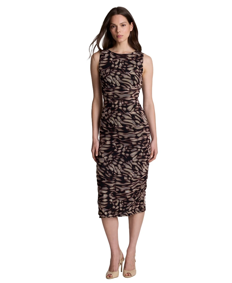 Kenneth Cole Women's Fully Ruched Printed Mesh Midi Dress
