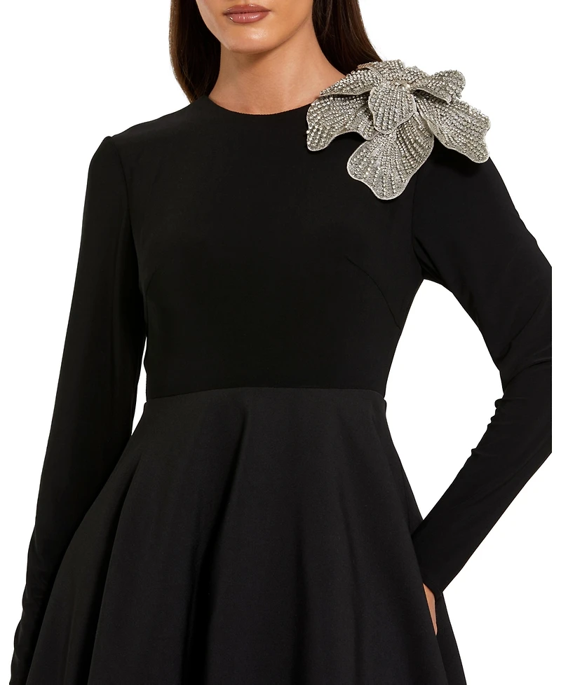 Mac Duggal Petite Long Sleeve Taffeta 3D Flower Ball Gown