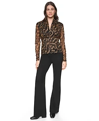 Dkny Women's Printed Mesh V-Neck Long-Sleeve Top