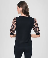 Dkny Women's Printed Twist-Sleeve Mix Media Sweater