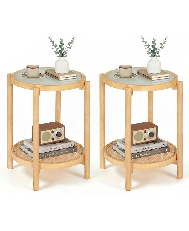 Gymax Room > End and Side Tables Gymax 2PCS Round Side Table w/Tempered Glass Top Storage Shelf Acacia Wood Legs