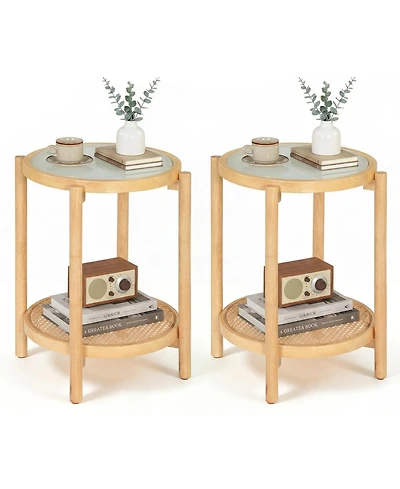 Gymax Room > End and Side Tables Gymax 2PCS Round Side Table w/Tempered Glass Top Storage Shelf Acacia Wood Legs