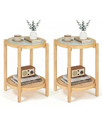 Gymax Room > End and Side Tables Gymax 2PCS Round Side Table w/Tempered Glass Top Storage Shelf Acacia Wood Legs