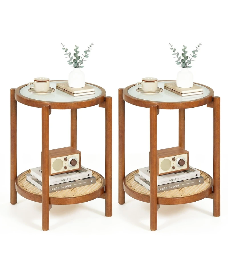 Gymax Room > End and Side Tables 2PCS Round Table w/Tempered Glass Top Storage Shelf Acacia Wood Legs